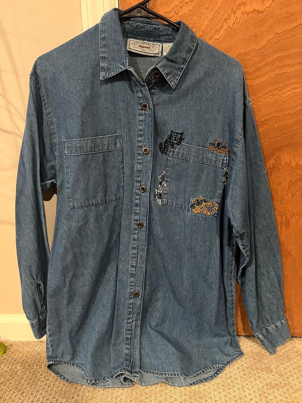 Vintage Denim Embroidered Cat Button Down Shirt